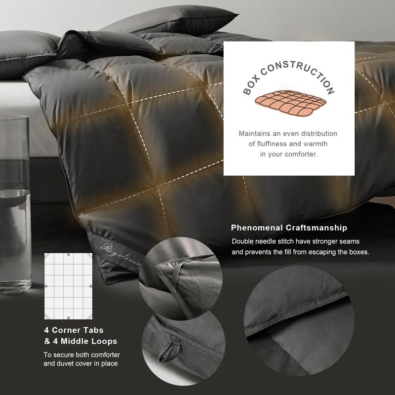 Royoliving Premium Feathers Down Duvet Insert Comforter King Size Charcoal Gray All Season Medium Warmth Winter Grey 100% Cotton Cover with Corner Tabs (106x90, 60 oz) - Image 4